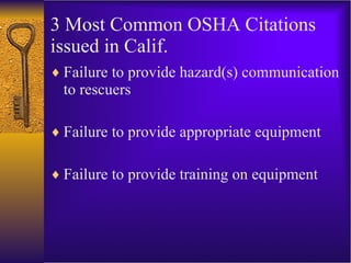 3 Most Common OSHA Citations issued in Calif. Failure to provide hazard(s) communication to rescuers Failure to provide appropriate equipment Failure to provide training on equipment 