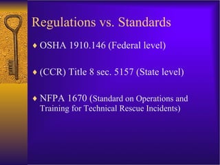 Regulations vs. Standards OSHA 1910.146 (Federal level) (CCR) Title 8 sec. 5157 (State level) NFPA 1670 ( Standard on Operations and Training for Technical Rescue Incidents) 