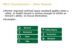 PRCS Characteristics – Other Hazards
Permit-required confined space standard applies when a
safety or health hazard is serious enough to inhibit an
entrant’s ability to rescue themselves
Examples:
 
