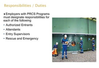 Responsibilities / Duties
Employers with PRCS Programs
must designate responsibilities for
each of the following
• Authorized Entrants
• Attendants
• Entry Supervisors
• Rescue and Emergency
 