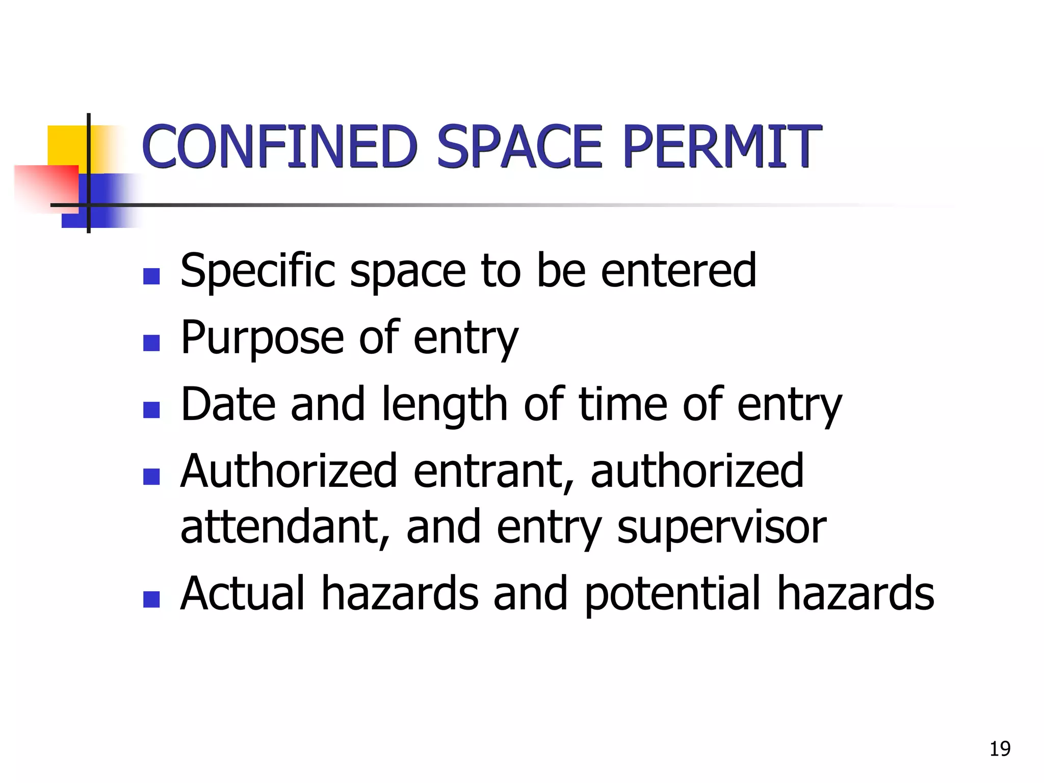 19
CONFINED SPACE PERMIT
 Specific space to be entered
 Purpose of entry
 Date and length of time of entry
 Authorized entrant, authorized
attendant, and entry supervisor
 Actual hazards and potential hazards
 