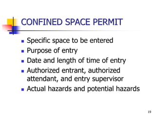 19
CONFINED SPACE PERMIT
 Specific space to be entered
 Purpose of entry
 Date and length of time of entry
 Authorized entrant, authorized
attendant, and entry supervisor
 Actual hazards and potential hazards
 