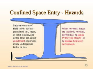 Confined Space Entry - Hazards

           Sudden releases of
           fluid solids, such as              When torrential forces
           granulated salt, sugar,            are suddenly released,
           or sand, liquids, and              people may be struck
           dense gases can cause              by moving objects , or
           engulfment of persons              be pushed helplessly
           inside underground                 downstream.
           tanks, or pits.




Author: R. Chiodi 03/21/1997 rev 04/16/2000                        13
 