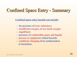 Confined Space Entry - Summary
                       Confined space entry hazards can include:

                          -    the presence of toxic substances
                          -    insufficient oxygen, or too much oxygen
                          -    engulfment
                          -    presence of combustible gases and liquids
                          -    process or equipment related hazards.
                          -    conditions changing from nonhazardous
                               to hazardous.



Author: R. Chiodi 03/21/1997 rev 04/16/2000                                30
 