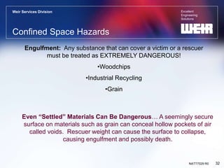 Excellent
Engineering
Solutions
Weir Services Division
32
NATT7029 R0
Confined Space Hazards
Engulfment: Any substance that can cover a victim or a rescuer
must be treated as EXTREMELY DANGEROUS!
•Woodchips
•Industrial Recycling
•Grain
Even “Settled” Materials Can Be Dangerous… A seemingly secure
surface on materials such as grain can conceal hollow pockets of air
called voids. Rescuer weight can cause the surface to collapse,
causing engulfment and possibly death.
 