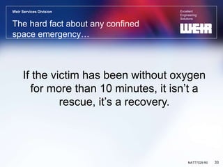 Excellent
Engineering
Solutions
Weir Services Division
33
NATT7029 R0
The hard fact about any confined
space emergency…
If the victim has been without oxygen
for more than 10 minutes, it isn’t a
rescue, it’s a recovery.
 