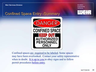 Excellent
Engineering
Solutions
Weir Services Division
35
NATT7029 R0
Confined Space Entry -Summary
Confined spaces are required to be labeled. Some spaces
may have been overlooked. Contact your safety representative
when in doubt. It is up to you to obey signs and to follow
permit procedures before entry.
 