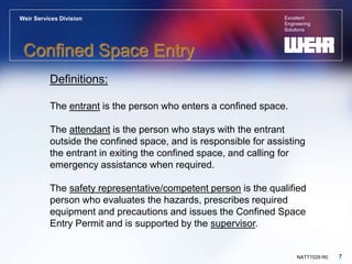 Excellent
Engineering
Solutions
Weir Services Division
7
NATT7029 R0
Confined Space Entry
Definitions:
The entrant is the person who enters a confined space.
The attendant is the person who stays with the entrant
outside the confined space, and is responsible for assisting
the entrant in exiting the confined space, and calling for
emergency assistance when required.
The safety representative/competent person is the qualified
person who evaluates the hazards, prescribes required
equipment and precautions and issues the Confined Space
Entry Permit and is supported by the supervisor.
 