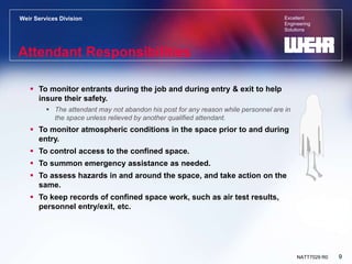 Excellent
Engineering
Solutions
Weir Services Division
9
NATT7029 R0
Attendant Responsibilities
 To monitor entrants during the job and during entry & exit to help
insure their safety.
 The attendant may not abandon his post for any reason while personnel are in
the space unless relieved by another qualified attendant.
 To monitor atmospheric conditions in the space prior to and during
entry.
 To control access to the confined space.
 To summon emergency assistance as needed.
 To assess hazards in and around the space, and take action on the
same.
 To keep records of confined space work, such as air test results,
personnel entry/exit, etc.
 