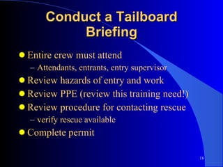 Conduct a Tailboard Briefing Entire crew must attend Attendants, entrants, entry supervisor Review hazards of entry and work Review PPE (review this training need!) Review procedure for contacting rescue verify rescue available Complete permit 