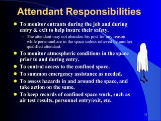 Attendant Responsibilities To monitor entrants during the job and during entry & exit to help insure their safety. The attendant may not abandon his post for any reason while personnel are in the space unless relieved by another qualified attendant. To monitor atmospheric conditions in the space prior to and during entry. To control access to the confined space. To summon emergency assistance as needed. To assess hazards in and around the space, and take action on the same. To keep records of confined space work, such as air test results, personnel entry/exit, etc. 