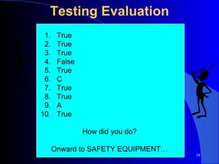 Testing Evaluation 1.  True 2.  True 3.  True 4.  False 5.  True 6.  C 7.  True 8.  True 9.  A 10.  True How did you do? Onward to SAFETY EQUIPMENT… 