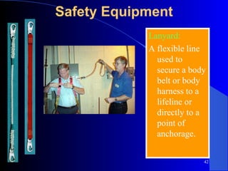 Safety Equipment Lanyard: A flexible line used to secure a body belt or body harness to a lifeline or directly to a point of anchorage. 