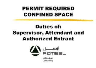 PERMIT REQUIRED
CONFINED SPACE
Duties of:
Supervisor, Attendant and
Authorized Entrant
 