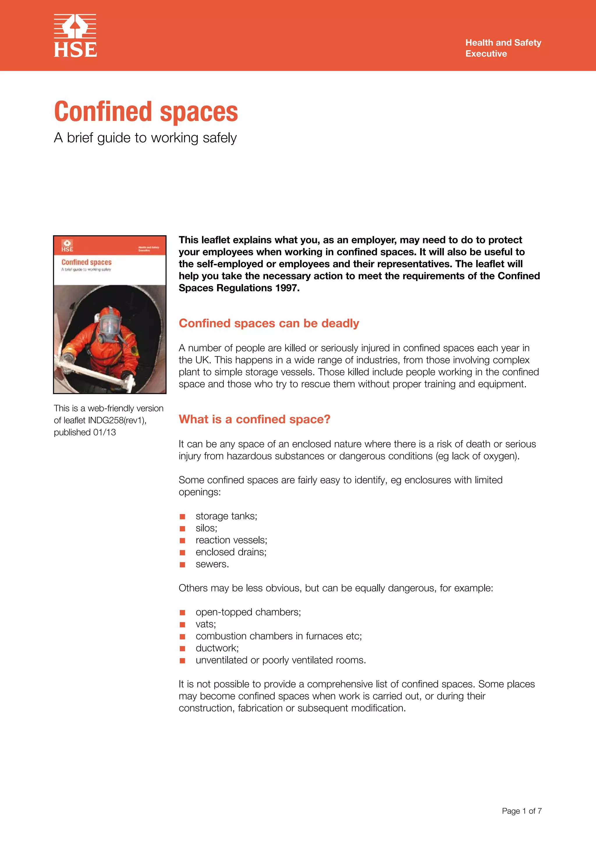 Confined Spaces - A Brief Guide To Working Safely UK HSE | PDF