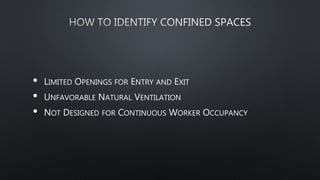 • LIMITED OPENINGS FOR ENTRY AND EXIT
• UNFAVORABLE NATURAL VENTILATION
• NOT DESIGNED FOR CONTINUOUS WORKER OCCUPANCY
 
