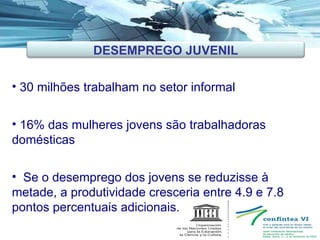 30 milhões trabalham no setor informal 16% das mulheres jovens são trabalhadoras domésticas  Se o desemprego dos jovens se reduzisse à metade, a produtividade cresceria entre 4.9 e 7.8 pontos percentuais adicionais. DESEMPREGO JUVENIL 