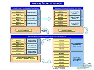 FORMAÇÃO PROFISSIONAL Formação Inicial e Continuada de Trabalhadores MÓDULO MÓDULO MÓDULO MÓDULO MÓDULO MÓDULO APERFEIÇOAMENTO QUALIFICAÇÃO PROFISSIONAL QUALIFICAÇÃO 1 QUALIFICAÇÃO 2 QUALIFICAÇÃO 3 Educação Profissional Tecnológica de Graduação e Pós-Graduação MÓDULO MÓDULO MÓDULO MÓDULO MÓDULO MÓDULO MÓDULO ESPECIALIAZAÇÃO PROFISSIONAL (Lato Sensu) MESTRADO e DOUTORADO (Stricto Sensu) MÓDULO MÓDULO Com ensino médio Educação Profissional Técnica de Nível Médio MÓDULO MÓDULO MÓDULO MÓDULO MÓDULO MÓDULO APERFEIÇOAMENTO HABILITAÇÃO PROFISSIONAL QUALIFICAÇÃO TÉCNICA 1 QUALIFICAÇÃO TÉCNICA 2 QUALIFICAÇÃO TÉCNICA 3 MÓDULO MÓDULO MÓDULO MÓDULO MÓDULO MÓDULO GRADUAÇÃO TECNOLÓGICA QUALIFICAÇÃO TECNOLÓGICA QUALIFICAÇÃO TECNOLÓGICA QUALIFICAÇÃO TECNOLÓGICA CURSOS: APERFEIÇOAMENTO / SEQUENCIAL / EXTENSÃO / OUTROS 