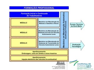 Cursos Técnicos de Nível Médio Formação Inicial e Continuada de Trabalhadores MÓDULO MÓDULO MÓDULO Aperfeiçoamento: Embreagem, caixa de câmbio e eixos traseiros Aperfeiçoamento: Injeção eletrônica dos veículos bi-combustível Mecânico em Manutenção Automotiva (Qualificação Profissional) Mecânico em Manutenção de Motores a Gasolina e Álcool Mecânico em Manutenção de  Sistemas de Freio de Veículos Automotores Leves Mecânico em Manutenção de Sistemas de Transmissão de Veículos Automotores Leves Graduação Tecnológica FORMAÇÃO PROFISSIONAL 
