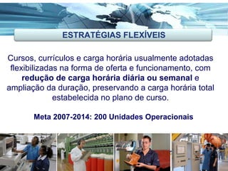 Cursos, currículos e carga horária usualmente adotadas flexibilizadas na forma de oferta e funcionamento, com  redução de carga horária diária ou semanal  e ampliação da duração, preservando a carga horária total estabelecida no plano de curso. Meta 2007-2014: 200 Unidades Operacionais ESTRATÉGIAS FLEXÍVEIS 