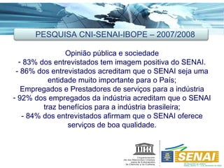 Opinião pública e sociedade 83% dos entrevistados tem imagem positiva do SENAI. - 86% dos entrevistados acreditam que o SENAI seja uma entidade muito importante para o País; Empregados e Prestadores de serviços para a indústria 92% dos empregados da indústria acreditam que o SENAI traz benefícios para a indústria brasileira; - 84% dos entrevistados afirmam que o SENAI oferece serviços de boa qualidade. PESQUISA CNI-SENAI-IBOPE – 2007/2008 