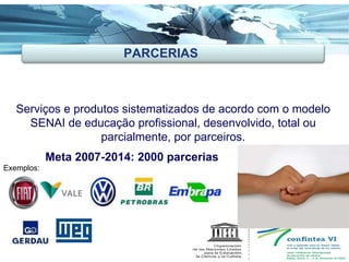 Ações Inovadoras Serviços e produtos sistematizados de acordo com o modelo SENAI de educação profissional, desenvolvido, total ou parcialmente, por parceiros. Meta 2007-2014: 2000 parcerias Exemplos:  PARCERIAS 
