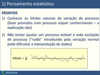 1) Pensamento estatístico
XMÉDIA =
DESAFIOS
1) Conhecer os limites naturais de variação do processo
(fazer previsões num processo requer conhecimento – a
explicação não)
2) Não tentar ajustar um processo estável a toda oscilação
de processo (“ruído” introduzido pela variação normal
pode dificultar a interpretação de dados)
 