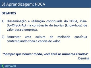 DESAFIOS
1) Disseminação e utilização continuada do PDCA, Plan-
Do-Check-Act na construção de teorias (know-how) de
valor para a empresa.
2) Fomentar uma cultura de melhoria contínua
contemplando toda a cadeia de valor.
3) Aprendizagem: PDCA
“Sempre que houver medo, você terá os números errados”
Deming
 