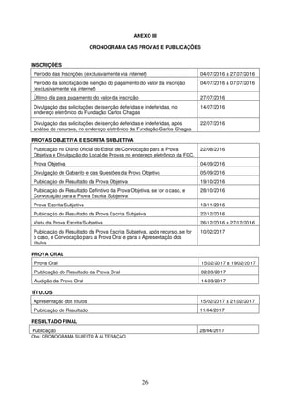 26
ANEXO III
CRONOGRAMA DAS PROVAS E PUBLICAÇÕES
INSCRIÇÕES
Período das Inscrições (exclusivamente via internet) 04/07/2016 a 27/07/2016
Período da solicitação de isenção do pagamento do valor da inscrição
(exclusivamente via internet)
04/07/2016 a 07/07/2016
Último dia para pagamento do valor da inscrição 27/07/2016
Divulgação das solicitações de isenção deferidas e indeferidas, no
endereço eletrônico da Fundação Carlos Chagas
14/07/2016
Divulgação das solicitações de isenção deferidas e indeferidas, após
análise de recursos, no endereço eletrônico da Fundação Carlos Chagas
22/07/2016
PROVAS OBJETIVA E ESCRITA SUBJETIVA
Publicação no Diário Oficial do Edital de Convocação para a Prova
Objetiva e Divulgação do Local de Provas no endereço eletrônico da FCC.
22/08/2016
Prova Objetiva 04/09/2016
Divulgação do Gabarito e das Questões da Prova Objetiva 05/09/2016
Publicação do Resultado da Prova Objetiva 19/10/2016
Publicação do Resultado Definitivo da Prova Objetiva, se for o caso, e
Convocação para a Prova Escrita Subjetiva
28/10/2016
Prova Escrita Subjetiva 13/11/2016
Publicação do Resultado da Prova Escrita Subjetiva 22/12/2016
Vista da Prova Escrita Subjetiva 26/12/2016 a 27/12/2016
Publicação do Resultado da Prova Escrita Subjetiva, após recurso, se for
o caso, e Convocação para a Prova Oral e para a Apresentação dos
títulos
10/02/2017
PROVA ORAL
Prova Oral 15/02/2017 a 19/02/2017
Publicação do Resultado da Prova Oral 02/03/2017
Audição da Prova Oral 14/03/2017
TÍTULOS
Apresentação dos títulos 15/02/2017 a 21/02/2017
Publicação do Resultado 11/04/2017
RESULTADO FINAL
Publicação 28/04/2017
Obs: CRONOGRAMA SUJEITO À ALTERAÇÃO
 