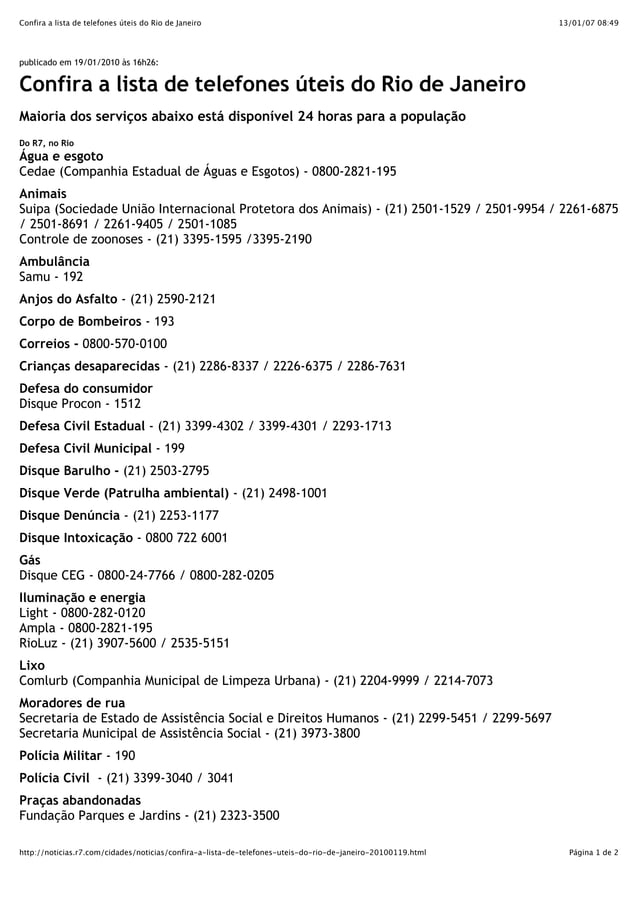 Confira a lista de telefones úteis do rio de janeiro PDF