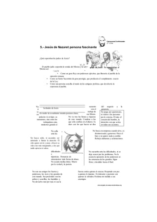 5.- Jesús de Nazaret persona fascinante 
Catcquesis Confirmación 
2° Ciclo 
des cargado de www.marianistas.org 
¿Qué esperaban los judíos de Jesús? 
Actitudes de Jesús 
En medio de su ambiente tomaba posturas claras, 
No busca subir, ni ascender, ser 
admirado o llamar la atención. Él 
sólo quiere servir y amar, ofrecer su 
vida a los más marginados, a los que 
nadie aprecia ni valora. 
ti', ¡V 
El pueblo judío esperaba la venida del Mesías y la salv< 
Mesías así: 
/ vr ( Y ' 
• Como un gran Rey con poderosos ejércitos, que liberaría al pueblo de la 
opresión romana. 
• Como un Sumo Sacerdote de gran prestigio, que predicaría el cumplimiento exacto 
de la Ley. 
• Como una persona sencilla al modo de los antiguos profetas, que devolvería la 
esperanza al pueblo. 
No 
vi 
ve 
en 
palacios ni en lujos as 
mansiones, sino entre los 
trabajadores más 
modestos ganado el 
sustento 
con el 
trabajo de 
sus Manos. 
No va tras los bienes y riquezas 
de este mundo. Condena a los 
que sólo confían en el dinero. Es 
duro con los que hacen un dios 
del negocio y la 
ganancia. 
No juzga por apariencias, 
ni valora a las personas 
por lo externo. Él mira el 
corazón del hombre, la 
intención con que actúa 
en todas sus acciones. 
No calla 
ante las 
dificultades 
e 
injusticias. Denuncia sin 
miramientos toda forma de abuso. 
No acepta medias tintas. Muere 
por la verdad y la justicia. 
No busca recompensa cuando sirve, es 
desinteresado y generoso. Hace el 
bien y no quiere nada a cambio. 
Rehuye alabanzas y aclamaciones. 
No sucumbe ante las dificultades, ni se 
deja vencer por los problemas. No le 
asusta la oposición de los poderosos ni 
las amenazas de los grandes. Sigue 
firme y decidido hasta el final. 
No son sus amigos los fuertes y 
poderosos, los ricos o los grandes de 
este mundo. Sus preferidos son los 
pobres y sencillos, los humildes y 
No devuelve mal por mal, ni usa la 
fuerza contra quienes le atacan. Responde con paz 
a quienes le injurian. Es tolerante y paciente con 
quienes le ofenden. Perdona sin medida a sus 
enemigos. 
 