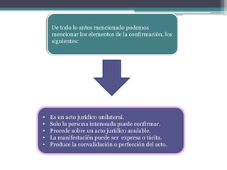 De todo lo antes mencionado podemos
mencionar los elementos de la confirmación, los
siguientes:
• Es un acto jurídico unilateral.
• Solo la persona interesada puede confirmar.
• Procede sobre un acto jurídico anulable.
• La manifestación puede ser expresa o tácita.
• Produce la convalidación o perfección del acto.
 