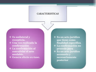 CARACTERISTICAS
 Es unilateral y
recepticia.
 Una vez realizada la
confirmación
 La confirmación al
convalidar el acto
anulable.
 Genera efecto ex-tunc.
 Es un acto jurídico
que tiene como
finalidad específica.
 La confirmación no
procede para
 Es un acto jurídico
accesorio y
necesariamente
posterior
 
