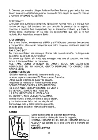 7. Oremos por nuestro obispo Adriano Pacífico Tomasi y por todos los que
tienen la responsabilidad de guiar al pueblo de Dios según su corazón manso
y humilde. OREMOS AL SEÑOR.

CELEBRANTE
¡Oh Dios!, que aumentas siempre tu Iglesia con nuevos hijos, y a los que han
nacido del agua del bautismo les das también la plenitud de tu espíritu:
concede a cuantos han completado hoy su iniciación cristiana, y a toda tu
familia santa, manifestar en su vida los sacramentos que con la fe han
recibido. Por Jesucristo, nuestro Señor.

7. OFERTORIO
Pan y vino: Señor, te ofrecemos el PAN y el VINO para que sean bendecidos
y compartidos; ellos serán presencia tuya entre nosotros, recíbenos señor tal
como somos.
TAL COMO SOY
Tal como soy Señor, sin nada que ofrecer más que mi canción, no tengo más
que darte, pues todo es, tuyo Señor.
Tal como soy Señor, sin nada que entregar mas que el corazón, me rindo
todo a ti, tómame Señor, tal como soy.
ACEPTAME COMO OFRENDA DE AMOR, COMO UN SACRIFICIO
AGRADABLE EN TU HONOR, GRATO PERFUME YO QUIERO SER
SEÑOR. (BIS).
SOMOS TESTIGOS
 El Señor resucitó venciendo la muerte en la cruz,
 nuestra esperanza está en Él, Él es nuestro Salvador.
 Atrás quedó el temor, la duda y la poca fe,
 hagamos ya realidad un Reino nuevo de amor.
SOMOS TESTIGOS DE LA RESURRECCIÓN,
 ÉL ESTÁ AQUÍ, ESTÁ PRESENTE, ES VIDA Y
ES VERDAD. SOMOS TESTIGOS DE
 LA RESURRECCIÓN, ÉL ESTÁ AQUÍ,
SU ESPÍRITU NOS MUEVE PARA AMAR.
Tú nos reúnes, Señor, en torno al cáliz y al pan,
y nos invitas a ser la luz del mundo y la sal.
Donde haya odio y dolor haremos presente,
en cada gesto de amor, María Madre estará...

SANTO
                      Santo santo santo es el señor del universo,
                      llenos están los cielos y la tierra de tu gloria,
                     HOSANA HOSANA EN EL CIELO, HOSANA HOSANA
                     ALELUYA (2) bendito es el que viene en el nombre del
                     señor (2)…
                     PADRENUESTRO

                                     12
 