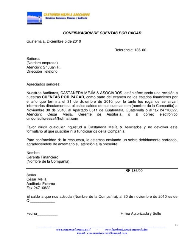 Carta De Confirmacion De Saldos De Cuentas Por Cobrar
