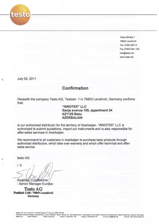 Certificate on partnership with Testo AG