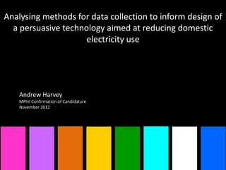 Analysing methods for data collection to inform design of
a persuasive technology aimed at reducing domestic
electricity use

Andrew Harvey
MPhil Confirmation of Candidature
November 2012

 