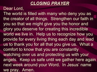 CLOSING PRAYER Dear Lord,  The world is filled with many who deny you as the creator of all things.  Strengthen our faith in you so that we might give you the honor and glory you deserve for creating this incredible world we live in.  Help us to recognize how you provide for every living thing each day and lead us to thank you for all that you give us.  What a comfort to know that you are constantly watching over us and protecting us with your angels.  Keep us safe until we gather here again next week around your Word.  In Jesus’ name we pray.  Amen. 