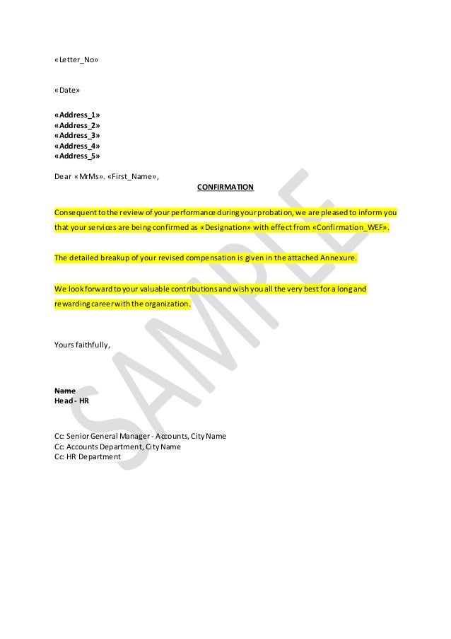 confirmation letter change in salary