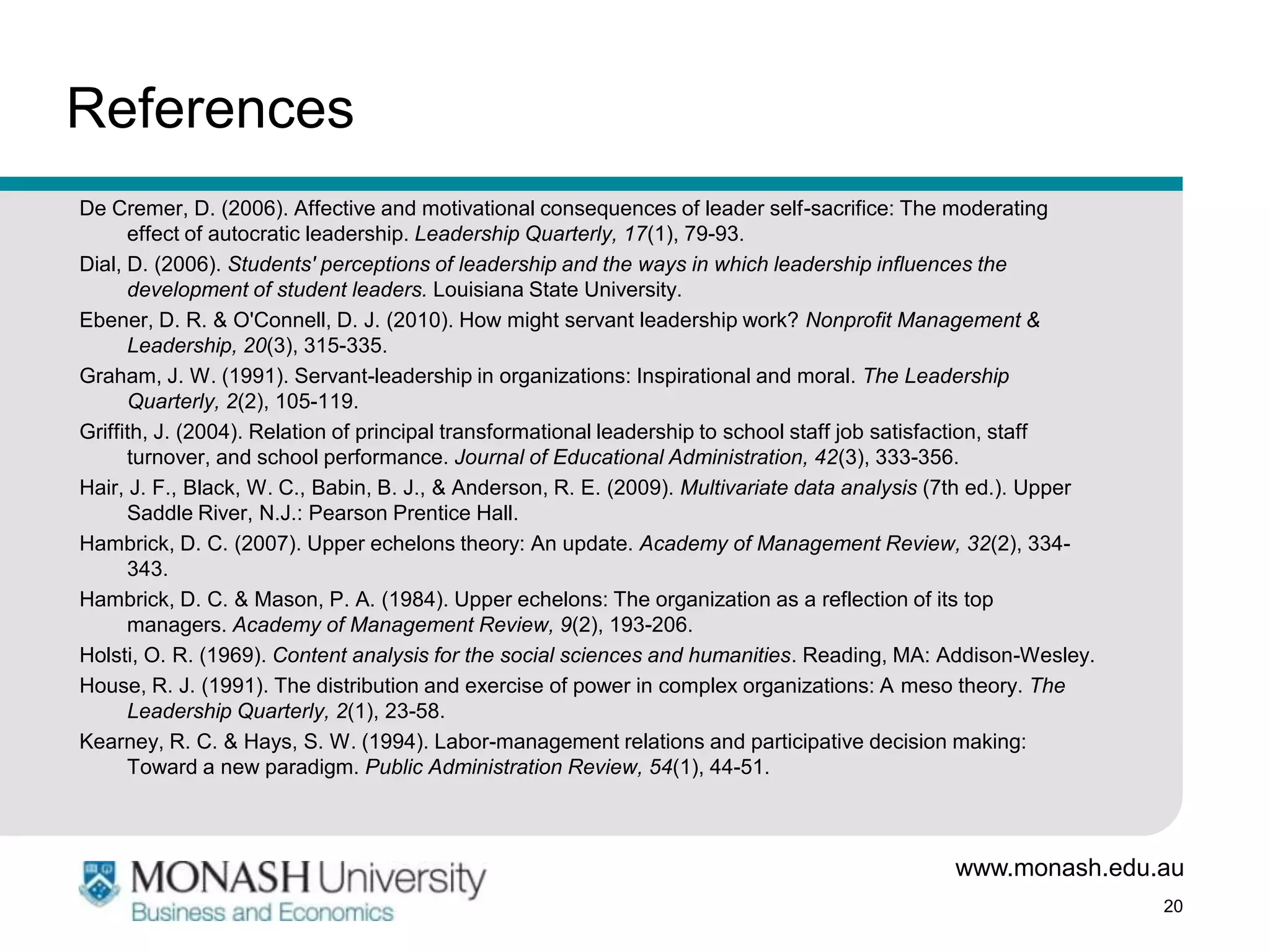 References
De Cremer, D. (2006). Affective and motivational consequences of leader self-sacrifice: The moderating
      effect of autocratic leadership. Leadership Quarterly, 17(1), 79-93.
Dial, D. (2006). Students' perceptions of leadership and the ways in which leadership influences the
      development of student leaders. Louisiana State University.
Ebener, D. R. & O'Connell, D. J. (2010). How might servant leadership work? Nonprofit Management &
      Leadership, 20(3), 315-335.
Graham, J. W. (1991). Servant-leadership in organizations: Inspirational and moral. The Leadership
      Quarterly, 2(2), 105-119.
Griffith, J. (2004). Relation of principal transformational leadership to school staff job satisfaction, staff
      turnover, and school performance. Journal of Educational Administration, 42(3), 333-356.
Hair, J. F., Black, W. C., Babin, B. J., & Anderson, R. E. (2009). Multivariate data analysis (7th ed.). Upper
      Saddle River, N.J.: Pearson Prentice Hall.
Hambrick, D. C. (2007). Upper echelons theory: An update. Academy of Management Review, 32(2), 334-
      343.
Hambrick, D. C. & Mason, P. A. (1984). Upper echelons: The organization as a reflection of its top
      managers. Academy of Management Review, 9(2), 193-206.
Holsti, O. R. (1969). Content analysis for the social sciences and humanities. Reading, MA: Addison-Wesley.
House, R. J. (1991). The distribution and exercise of power in complex organizations: A meso theory. The
      Leadership Quarterly, 2(1), 23-58.
Kearney, R. C. & Hays, S. W. (1994). Labor-management relations and participative decision making:
      Toward a new paradigm. Public Administration Review, 54(1), 44-51.



                                                                                              www.monash.edu.au
                                                                                                                 20
 