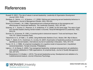References
Russell, R. (2001). The role of values in servant leadership. Leadership & Organization Development
     Journal, 22(2), 76-84.
Sendjaya, S., Sarros, J. C., & Santora, J. C. (2008). Defining and measuring servant leadership behaviour in
     organizations. Journal of Management Studies, 45(2), 402-424.
Shamir, B. & Howell, J. M. (1999). Organizational and contextual influences on the emergence and
     effectiveness of charismatic leadership. The Leadership Quarterly, 10(2), 257-283.
Solansky, S. T., Duchon, D., Plowman, D. A. & Martínez, P. G. (2008). On the same page: The value of paid
     and volunteer leaders sharing mental models in churches. Nonprofit Management & Leadership, 19(2),
     203-219.
Sommer, B., & Sommer, R. (1991). A practical guide to behavioral research: Tools and techniques. New
     York, NY: Oxford University Press.
Tabachnick, B. G., & Fidell, L. S. (2006). Using Multivariate Statistics (5 ed.). Boston, MA: Allyn & Bacon.
Taylor, T., Martin, B. N., Hutchinson, S., & Jinks, M. (2007). Examination of leadership practices of principals
     identified as servant leaders. International Journal of Leadership in Education, 10(4), 401-419.
Tyman, W. G. J. (1988). An empirical investigation of a cognitive model of empowerment. Unpublished
     doctoral dissertation, Temple University, Philadelphia.
Ugboro, I. O. & Obeng, K. (2000). Top management leadership, employee empowerment, job satisfaction,
     and customer satisfaction in TQM organizations: An empirical study. Journal of Quality Management,
     5(2), 247-272.
Van Dierendonck, D. & Nuijten, I. (2010). The servant leadership survey: Development and validation of a
     multidimensional measure. Journal of Business Psychology.




                                                                                                www.monash.edu.au
                                                                                                                   22
 