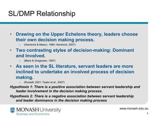 SL/DMP Relationship

• Drawing on the Upper Echelons theory, leaders choose
  their own decision making process.
     –   (Hambrick & Mason, 1984; Hambrick, 2007)

• Two contrasting styles of decision-making: Dominant
  and Involved.
     –   (Black & Gregersen, 1997)

• As seen in the SL literature, servant leaders are more
  inclined to undertake an involved process of decision
  making.
     –   (Russell, 2001; Taylor et al., 2007)
Hypothesis 1: There is a positive association between servant leadership and
   leader involvement in the decision making process.
Hypothesis 2: There is a negative association between servant leadership
   and leader dominance in the decision making process

                                                                www.monash.edu.au
                                                                                5
 