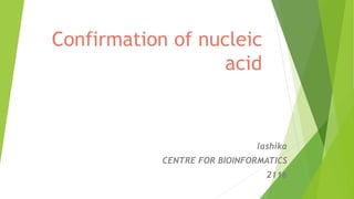 Confirmation of nucleic
acid
lashika
CENTRE FOR BIOINFORMATICS
2116
 