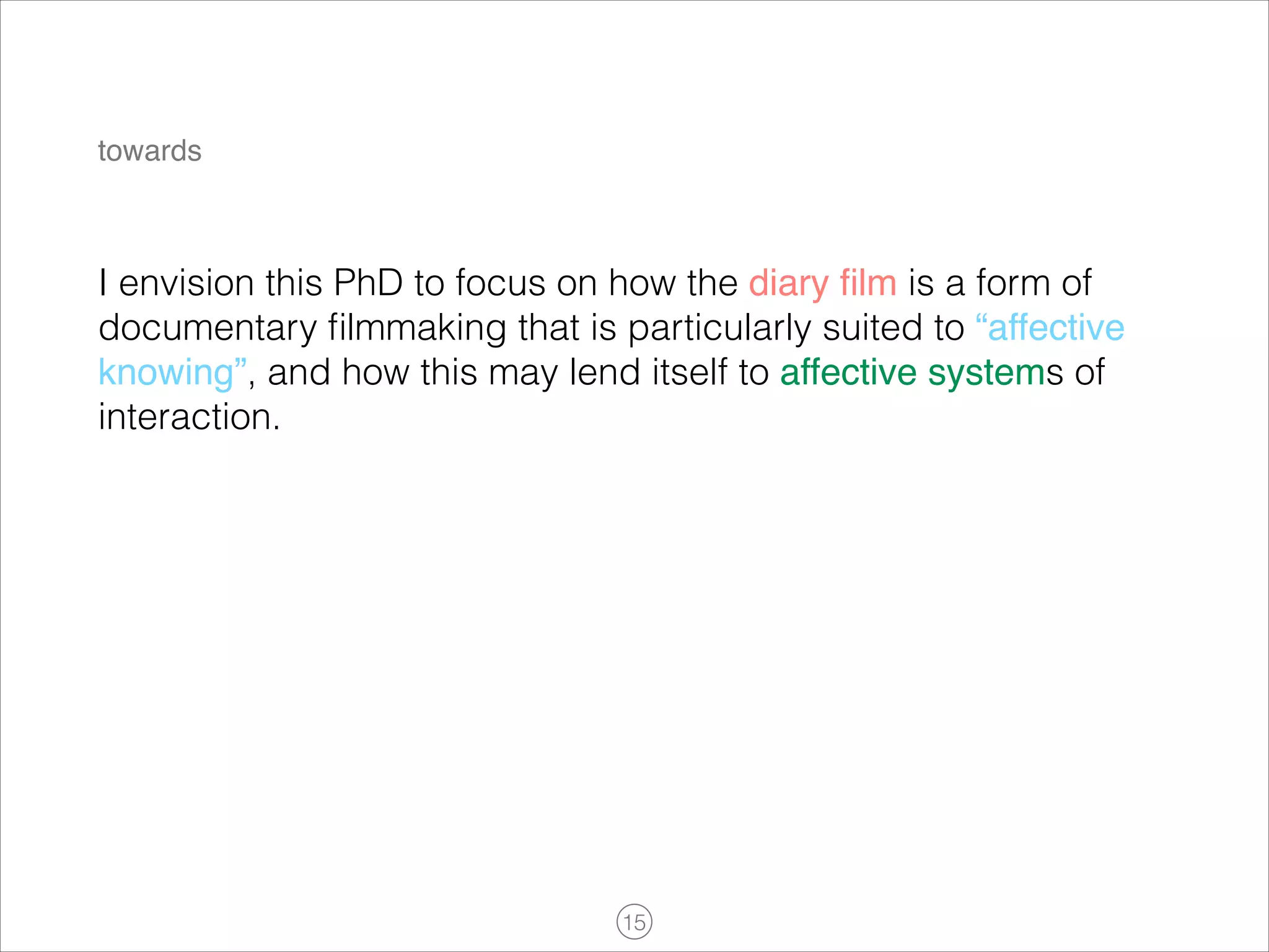 towards

I envision this PhD to focus on how the diary ﬁlm is a form of
documentary ﬁlmmaking that is particularly suited to “affective
knowing”, and how this may lend itself to affective systems of
interaction.
!

!15

 