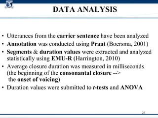 DATA ANALYSIS Utterances from the  carrier sentence  have been analyzed  Annotation  was conducted using  Praat  (Boersma, 2001)‏ Segments  &  duration values  were extracted and analyzed statistically using  EMU-R  (Harrington, 2010)‏ Average closure duration was measured in milliseconds  (the beginning of the  consonantal closure  -->  the  onset of voicing )‏ Duration values were submitted to  t -tests  and  ANOVA   