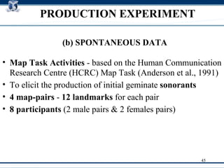 PRODUCTION EXPERIMENT Map Task Activities  - based on the Human Communication Research Centre (HCRC) Map Task (Anderson et al., 1991)‏ To elicit the production of initial geminate  sonorants   4 map-pairs  -  12 landmarks  for each pair 8 participants  (2 male pairs & 2 females pairs)‏ (b) SPONTANEOUS DATA 