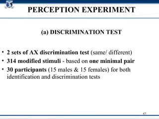 PERCEPTION EXPERIMENT 2 sets of AX discrimination test  (same/ different)‏ 314 modified stimuli  - based on  one minimal pair   30 participants  (15 males & 15 females) for both identification and discrimination tests (a) DISCRIMINATION TEST 