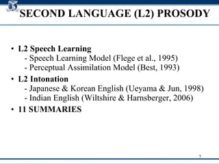 L2 Speech Learning   - Speech Learning Model (Flege et al., 1995)  - Perceptual Assimilation Model (Best, 1993)‏ L2 Intonation   - Japanese & Korean English (Ueyama & Jun, 1998)  - Indian English (Wiltshire & Harnsberger, 2006) ‏ 11 SUMMARIES   SECOND LANGUAGE (L2) PROSODY 