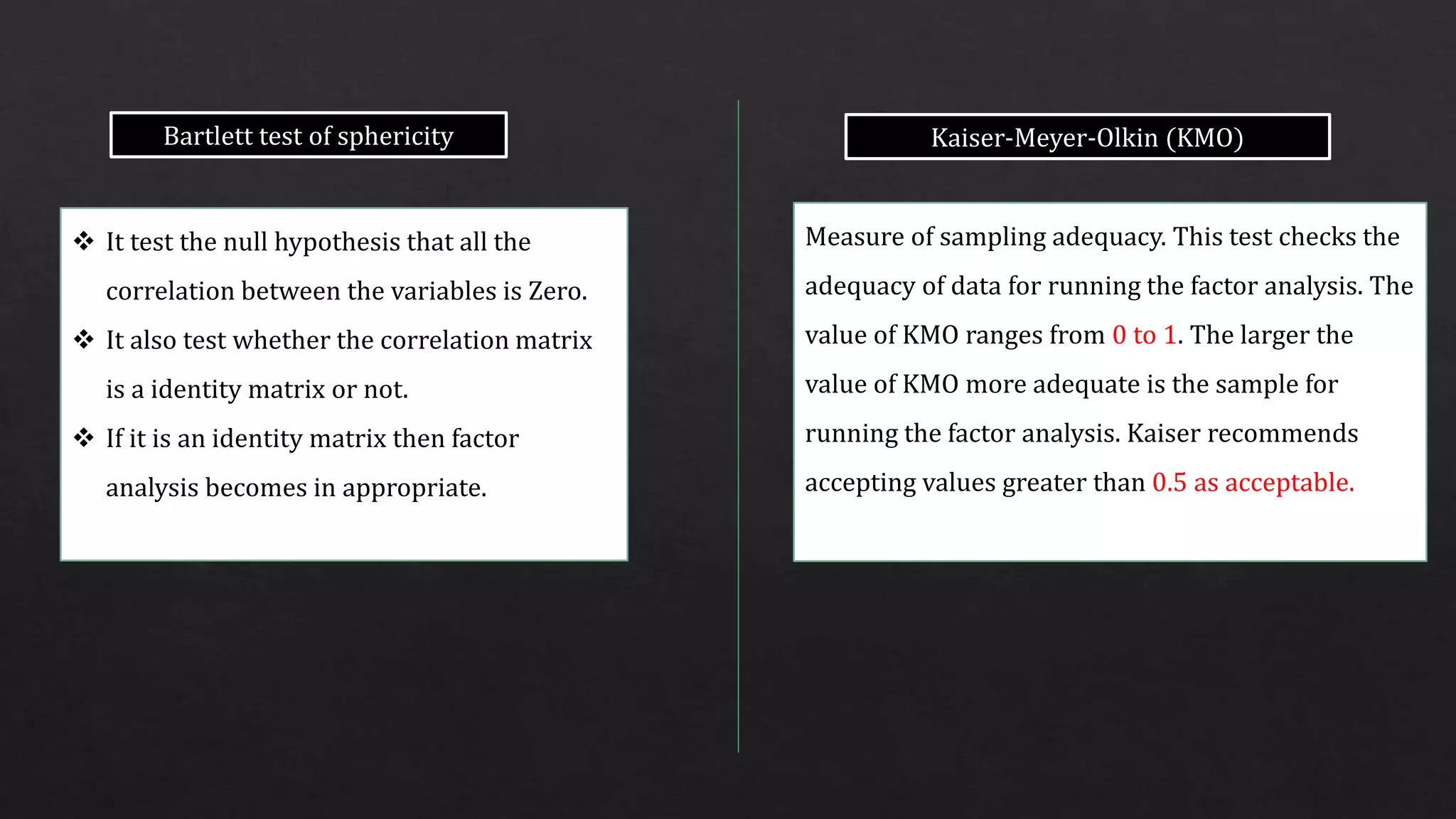 Measure of sampling adequacy. This test checks the
adequacy of data for running the factor analysis. The
value of KMO ranges from 0 to 1. The larger the
value of KMO more adequate is the sample for
running the factor analysis. Kaiser recommends
accepting values greater than 0.5 as acceptable.
Kaiser-Meyer-Olkin (KMO)
 It test the null hypothesis that all the
correlation between the variables is Zero.
 It also test whether the correlation matrix
is a identity matrix or not.
 If it is an identity matrix then factor
analysis becomes in appropriate.
Bartlett test of sphericity
 