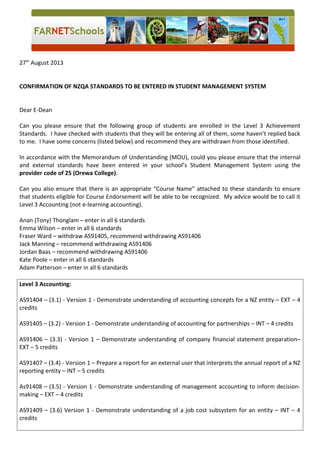 27th
August 2013
CONFIRMATION OF NZQA STANDARDS TO BE ENTERED IN STUDENT MANAGEMENT SYSTEM
Dear E-Dean
Can you please ensure that the following group of students are enrolled in the Level 3 Achievement
Standards. I have checked with students that they will be entering all of them, some haven’t replied back
to me. I have some concerns (listed below) and recommend they are withdrawn from those identified.
In accordance with the Memorandum of Understanding (MOU), could you please ensure that the internal
and external standards have been entered in your school’s Student Management System using the
provider code of 25 (Orewa College).
Can you also ensure that there is an appropriate “Course Name” attached to these standards to ensure
that students eligible for Course Endorsement will be able to be recognized. My advice would be to call it
Level 3 Accounting (not e-learning accounting).
Anan (Tony) Thonglam – enter in all 6 standards
Emma Wilson – enter in all 6 standards
Fraser Ward – withdraw AS91405, recommend withdrawing AS91406
Jack Manning – recommend withdrawing AS91406
Jordan Baas – recommend withdrawing AS91406
Kate Poole – enter in all 6 standards
Adam Patterson – enter in all 6 standards
Level 3 Accounting:
AS91404 – (3.1) - Version 1 - Demonstrate understanding of accounting concepts for a NZ entity – EXT – 4
credits
AS91405 – (3.2) - Version 1 - Demonstrate understanding of accounting for partnerships – INT – 4 credits
AS91406 – (3.3) - Version 1 – Demonstrate understanding of company financial statement preparation–
EXT – 5 credits
AS91407 – (3.4) - Version 1 – Prepare a report for an external user that interprets the annual report of a NZ
reporting entity – INT – 5 credits
As91408 – (3.5) - Version 1 - Demonstrate understanding of management accounting to inform decision-
making – EXT – 4 credits
AS91409 – (3.6) Version 1 - Demonstrate understanding of a job cost subsystem for an entity – INT – 4
credits
 